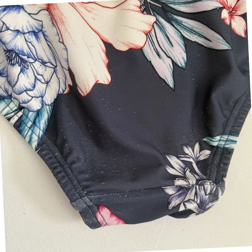 Venus Floral One‎ Piece Swimsuit Womens Sz 6 Navy Ruffle Off Shoulder Tropical